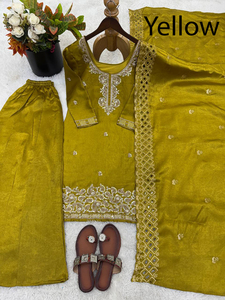 Ensemble 3 pièces brodé et imprimé en soie pour femme, idéal pour le bureau, les mariages et les fêtes, avec Kurta, Sharara et Dupatta – Prix de gros - Product Image 2
