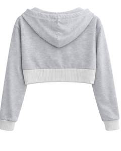 Sudadera con capucha corta personalizada para mujer, color gris claro y forro polar de algodón, sudadera con capucha de colores contrastantes, chaqueta informal estilo streetwear. - Product Image 2