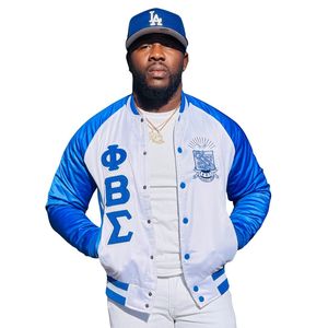 เสื้อแจ็คเก็ตบอมเบอร์ผ้าซาตินสีขาว Phi Beta Sigma สำหรับผู้ชาย สวมใส่สบาย ผ้าคุณภาพพรีเมียม เสื้อผ้าสำหรับสมาคมพี่น้องชาวกรีก เสื้อคลุมลำลอง - Product Image 1