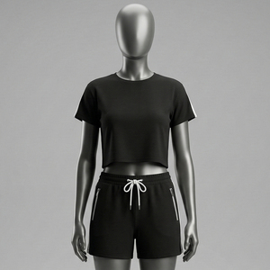 Women's Crop Top & Shorts Set Winter High Street Style 100% Cotton Fleece Eco-Friendly Regular Fit Casual Trendy Daily Wear - Product Image 1