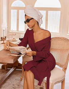 Robe de chambre légère en tricot gaufré doux pour femme, longueur genou, style enveloppant - Product Image 3