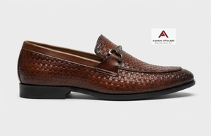 Asken Atelier Men's Brown Woven Horsebit Loafers <b>Slip</b>-On Cushioned Breathable Dress <b>Shoes</b> Elegant Formal Business Office Wedding - Product Image 4