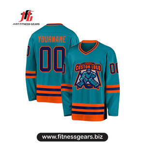 Maillot de hockey sur glace personnalisé, sublimé, bleu turquoise et orange, col en V, manches longues, polyester respirant, unisexe adulte - Product Image 1