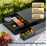 Boîte à sushi jetable personnalisée, imprimée, durable, de qualité alimentaire, noire, style tiroir, avec compartiments et porte-gobelet à sauce