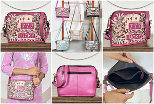 Sac à bandoulière pour femme en cuir rose mignon à motif floral, nouveau modèle 777 Jackpot, porte-monnaie en cuir repoussé, vente chaude - Product Image 3