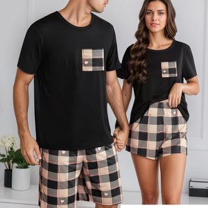 Men's/Women's Couple Style Printed Short Sleeve 100% Cotton Eco-Friendly Breathable Solid Loungewear Shorts Set Women's Printed - Product Image 1
