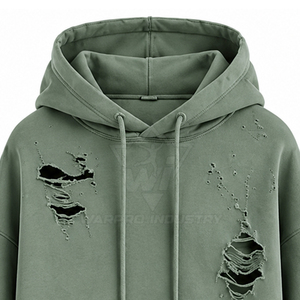 Washed Cotton Distressed Hoodies Women Relaxed Fit With Screen Print And Embroidery <b>Blank</b> Distressed Hoodies - Product Image 6