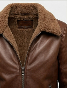 Men's B3 Brown <b>Sheepskin</b> Leather Bomber <b>Jacket</b> Windproof OEM Winter Biker Zippered Closure XS XL Available - Product Image 4