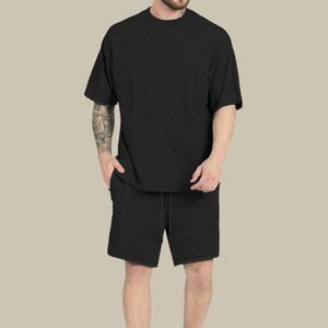 Men's Casual Black T-Shirt And Shorts <b>Set</b> <b>Knitted</b> Solid Color Summer Outfit Drop Shoulder Short Sleeve Drawstring Pants - Product Image 1