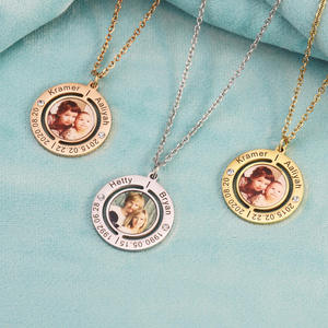 <b>Customized</b> Photo <b>Name</b> <b>Necklaces</b> Personalised Dainty Round Charm with Zircon Trendy Link Chain Geometric Style <b>Necklace</b> For Gift - Product Image 3
