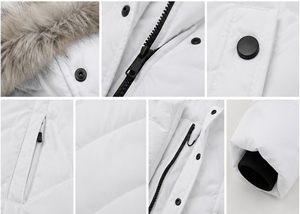 Veste matelassée blanche pour femme avec capuche en fausse fourrure, manteau d'hiver mi-long, parka matelassée isolée pour les journées froides - Product Image 5