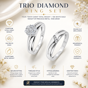 Ensemble de trois bagues en or blanc 10 carats serties de diamants |   Bijoux fins pour femmes, bague de fiançailles et de mariage sertie de pierres rondes brillantes, cadeau pour femme - Product Image 5
