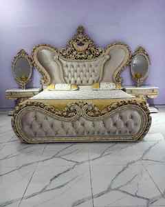 Title: Luxury Royal Button Tufted <b>Bed</b> with Classical Engraved Wooden <b>Frame</b>, <b>Antique</b> Indian Style Bedroom Furniture - Product Image 2