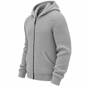 <b>Men's</b> Gray Knitted Hooded Zipper <b>Cardigan</b> Full Sleeve Solid Color Autumn Wear OEM Services Available - Product Image 2