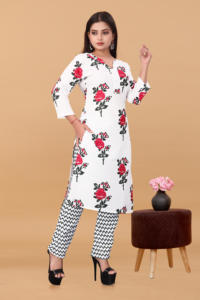 Wholesale <b>magic</b> printed White kurta <b>set</b> v neck for ladies kiran nexus eco friendly garment supply - Product Image 2