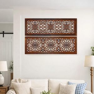 Juego de 2 Paneles Decorativos de Pared de Madera de Mango, Tallado de Medallón Rectangular, Color Marrón Quemado, Decoración para el Hogar - Product Image 6