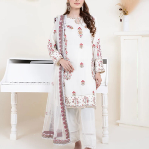Shalwar Kameez pour femmes, en soie et mousseline, avec broderie florale épaisse, respirant, style pakistanais décontracté, en tissu lawn, avec foulard standard - Product Image 1