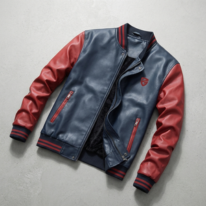 Veste de baseball Varsity pour homme, bleu marine et rouge, en cuir PU, doublée de polaire, avec col côtelé et poches zippées - Product Image 5