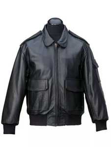 Blouson aviateur en cuir véritable pour homme, col rabattu, fermeture éclair, style motard, couleur unie, coupe classique, automne - Product Image 3