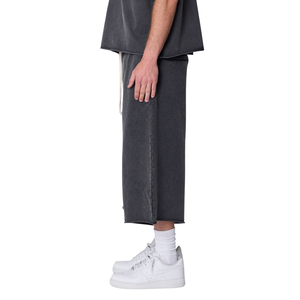 Custom Men's Grey Fleece 3/4 <b>Shorts</b> <b>Wide</b> <b>Leg</b> Loose Fit Elastic Waist Drawstrings Side Pockets Casual Streetwear Wholesale <b>Shorts</b> - Product Image 6