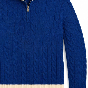 Women's Blue Cable Knit Half-Zip Cardigan With Contrast Trim Stand Collar Long Sleeve Autumn Classic Style Wholesale <b>University</b> - Product Image 4