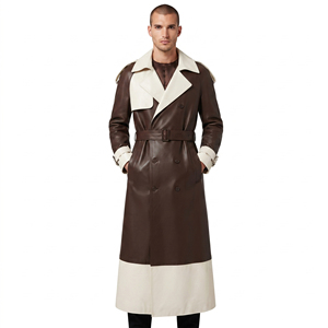 <b>Men's</b> <b>Long</b> Leather <b>Coat</b> with Belt <b>Men</b> Leather Side Pockets Trench <b>Coat</b> <b>Mens</b> Turn Down Collar Leather <b>Long</b> <b>Coat</b> - Product Image 1