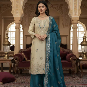 Traje palazzo de diseñador con lentejuelas y mangas largas para invitadas de boda - Product Image 1