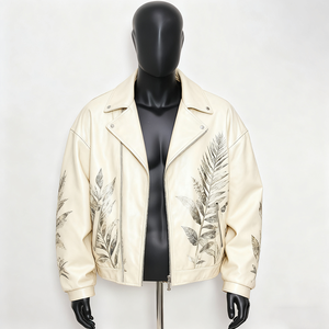 Men's Leather <b>Jacket</b> Turn-down Collar Zipper Closure Embossed <b>Star</b> Gear Pattern Casual Style Regular Length - Product Image 1