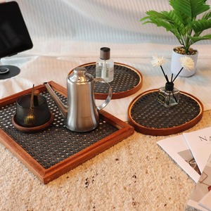 Ensemble de plateaux de service en rotin et bois faits à la main, ronds et rectangulaires, en cannage tressé, pour café, thé, collations, décoration de cuisine et de table - Product Image 4