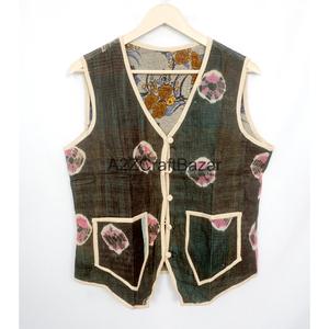 Handmade Vintage <b>Kantha</b> Quilted Printed Logo 100% Pure Cotton Breathable Spring/Autumn Vest Women Boho Style Regular Waistcoat - Product Image 5