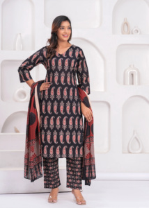 The straight-cut black kurti showcases timeless ethnic motifs, paired beautifully with matching printed <b>ankle</b>-length trousers. - Product Image 4