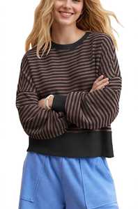 Sweat-shirt rayé à col rond pour femme, pull décontracté à épaules tombantes, haut à manches longues - Product Image 5