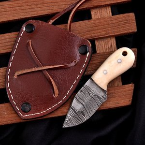 Custom Handcrafted Damascus Steel Mini Pocket <b>Knife</b> Fixed Blade Hunting Camping <b>Knife</b> with <b>Bone</b> <b>Handle</b> & Genuine Leather Sheath - Product Image 3