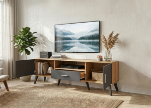 Mueble de TV Moderno Essence de 180 cm, Roble Gris Oscuro, Aglomerado, TV6074, 2 Puertas, 1 Cajón, Correderas Metálicas, Almacenamiento Lavable, para TV de 65+ Pulgadas, para Apartamento - Product Image 2