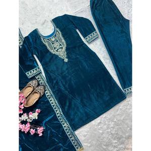 Ensemble de costume brodé bleu magnifique pour femmes, idéal pour les soirées, avec travail de sequins, taille L - Product Image 2