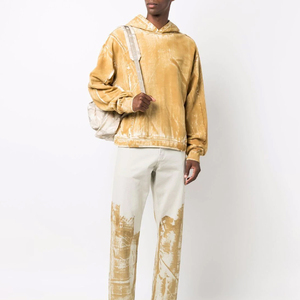 Sudadera con Capucha Extra Grande para Hombre, Teñida, Color Amarillo Sólido, Corte Regular, Sudadera de Punto para Otoño - Product Image 6