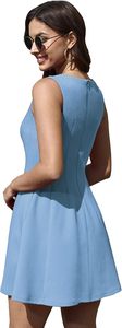 Robe mini sans manches à col rond, coupe trapèze, bleu clair uni, décontractée, respirante, ajustée, avec poches, pour l'été - Product Image 3