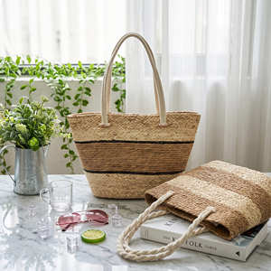 SAVANNAH Two-Tone Striped <b>Straw</b> Zipper Closure Cotton Lining Market Tote <b>Bag</b> - Product Image 6