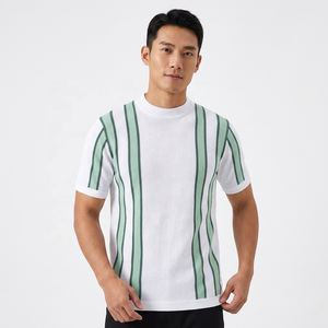 Men's Knitted Short Sleeve Striped T-Shirt O-Neck Casual Regular Fit White Green Patterned <b>Top</b> - Product Image 5