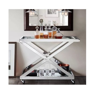 Premium Polished Silver Cocktail Cart Modern Bold Geometric X Leg Beverage <b>Utility</b> Trolley with Mirror Platforms - Product Image 1