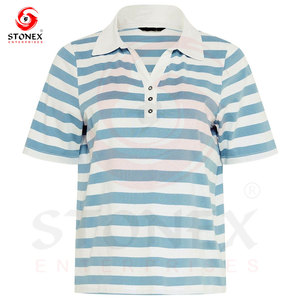 Polo rayé bleu et blanc pour femme, en coton, manches courtes, mode décontractée, été, chemise de golf, logo personnalisé, vêtements en gros - Product Image 3
