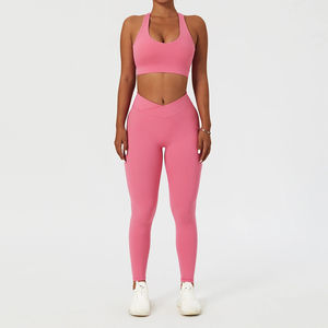 Ensemble soutien-gorge et pantalon évasé de yoga pour femme, taille haute, coupe en V, dos nu, avec compression Spandex/Nylon pour l'entraînement et le fitness - Product Image 4