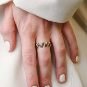 18K Yellow Gold <b>Emerald</b> and Sapphire Eternity <b>Band</b> <b>Ring</b> Resizable - Product Image 1