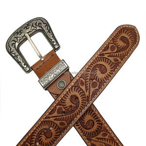 เข็มขัดเครื่องมือหนังตะวันตก Full Grain Tan สําหรับผู้ชายพร้อมห่วงโลหะดีไซเนอร์และหัวเข็มขัดขาเดี่ยวแกะสลักลายดอกไม้ทุกขนาดที่กําหนดเอง - Product Image 6