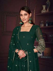 Traje Anarkali Verde de Buena Calidad para Mujer, para Bodas, Fiestas Diwali, Manga 3/4, Georgette Crepé, Semi-Cosido, de Secado Rápido - Product Image 6