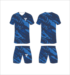 Custom Sublimated Men's Soccer Uniform Set Blue Camouflage V-Neck Jersey Matching <b>Shorts</b> Moisture Wicking Athletic Fit - Product Image 1