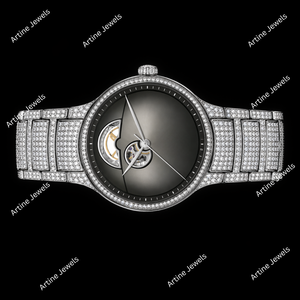Reloj de Lujo para Hombre, de Acero Inoxidable, con Corazón Abierto y Diamantes Plateados, Esfera Negra Degradada, Correa de Acero, Cuarzo, Diseño Premium - Product Image 3