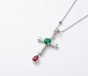 Collier pendentif croix plaqué argent avec rubis ovale vert et saphir en forme de goutte, chaîne torsadée pour femme, bijoux de soirée - Product Image 2