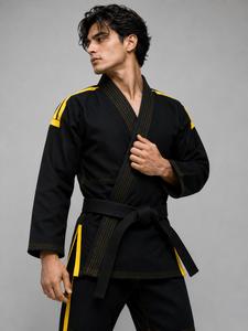 Ensemble de kimonos de judo tendance, couleur unie, bordure jaune, coupe régulière, uniforme d'arts martiaux pour adultes, respirant, léger, 100% coton - Product Image 4