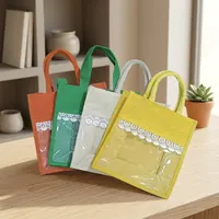 Sac fourre-tout en jute naturel 12x10x5 pouces 1,9 L réutilisable avec fenêtre, style personnalisable, deux poignées robustes